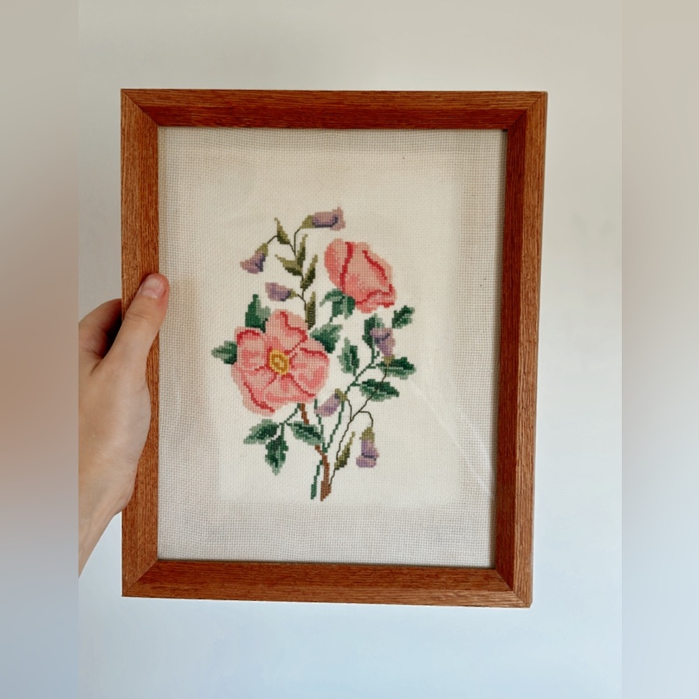 Vintage cross stitch floral piece in wood frame